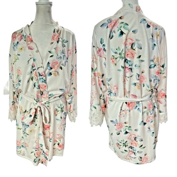 FLORA NIKROOZ Women Short Robe Sz M White Lace Trim Loungewear Roses 59-3 - Picture 1 of 16